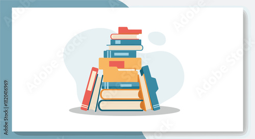 A colorful illustration depicts a stack of books and folders, symbolizing knowledge, education, and the accumulation of information in a creative, modern style.