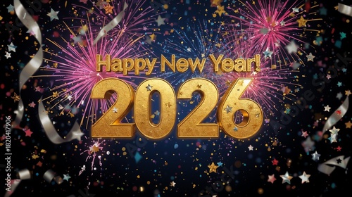 Happy New Year 2026 gold text effect firework star confetti Background
