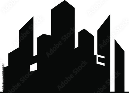 A minimalist black silhouette of a modern city skyline against white