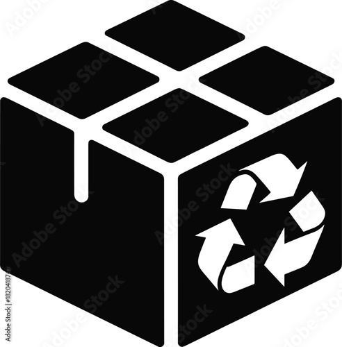 Recycling symbol on a closed cardboard delivery box packaging icon concept.