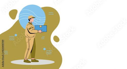 A delivery person in uniform holds a package against a backdrop of abstract shapes, representing the concept of shipping and logistics.