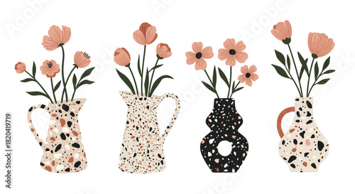Stylized illustrations of various pink and coral flowers arranged in four distinctive terrazzo-patterned vases against a clean white backdrop.