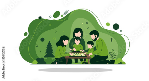 An illustrated family, enjoying a picnic in a vibrant green setting, sharing moments of togetherness and happiness, embracing nature.
