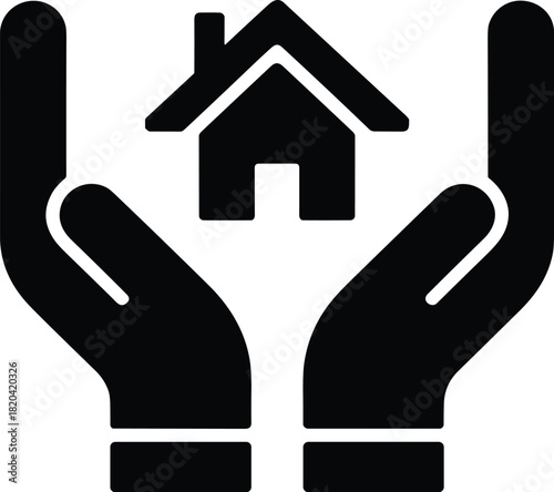 Home protection icon with cupped hands holding a house, secure housing symbol.