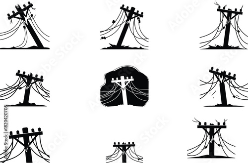 Collection of damaged leaning power poles with broken electrical wires, distressed silhouettes, utility line destruction, grunge disaster illustration set for design