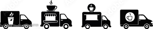 Coffee & Beverage Food Truck Silhouette Set. Four coffee trucks illustrated in black, showcasing different coffee-related themes, conveying a vibrant coffee culture.