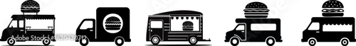 Burger Food Truck Silhouette Set. A series of stylized food trucks, each topped with a large burger, showcasing a variety of mobile dining options.