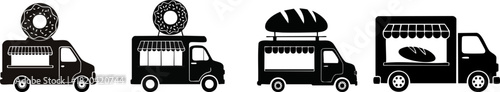 Bakery & Dessert Food Truck Silhouette Set. A series of food trucks, each featuring different baked goods, presented in a minimalist black-and-white style.