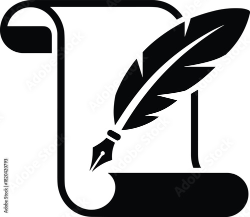 Quill pen writing on rolled parchment scroll, historical document symbol