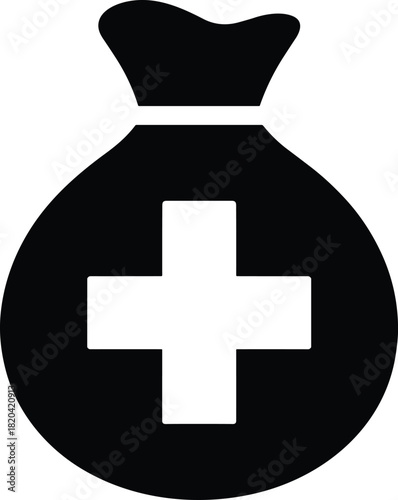 Healthcare finance icon showing medical cross on money bag for medical expenses