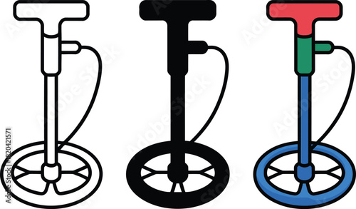 Three Bicycle Pump Icons Outline Silhouette and Color , bicycle pump, pump, inflation, tire, sports, recreation,