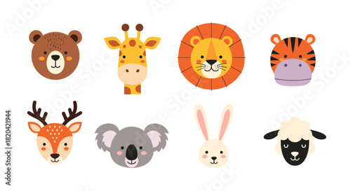 Cute cartoon animal faces collection featuring a bear, giraffe, lion, tiger, deer, koala, rabbit, and sheep for children's designs.