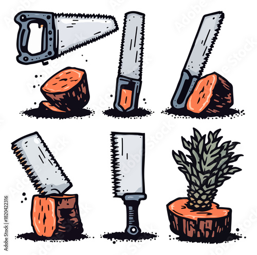 Saw and cut wood illustration set