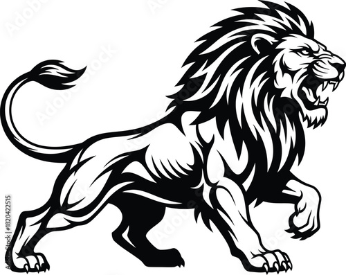 Fierce lion vector illustration black and white roaring animal design eps silhouette
