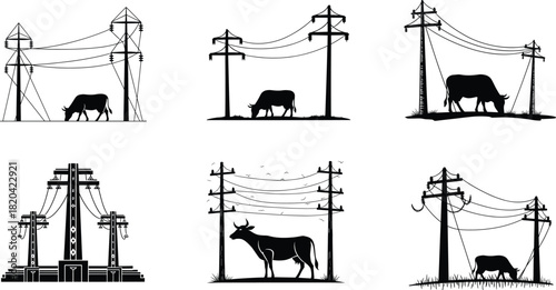 Cows grazing near electrical poles and power lines, rural farmland silhouette illustration, countryside energy infrastructure scene with utility towers and livestock
