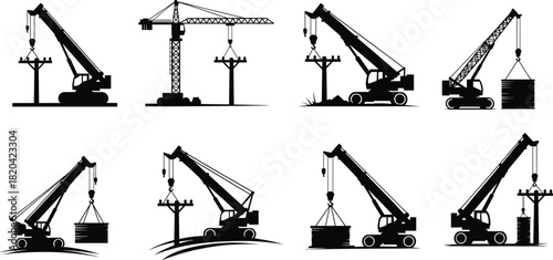 Construction crane silhouette set, industrial lifting machinery illustration, heavy equipment operation, utility pole work scene, engineering vehicle design elements for projects