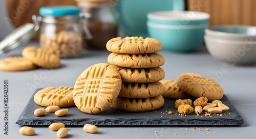 Stack of Peanut Butter Cookies. A stack of crunchy peanut butter cookies on a kitchen counter table in a plate, copy space.