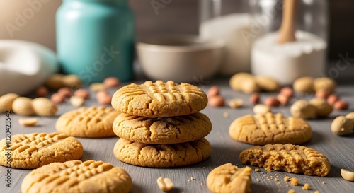 Stack of Peanut Butter Cookies. A stack of crunchy peanut butter cookies on a kitchen counter table in a plate, copy space.