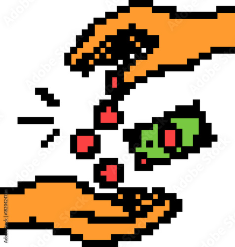 Pixel hand giving money, pixelated wealth exchange