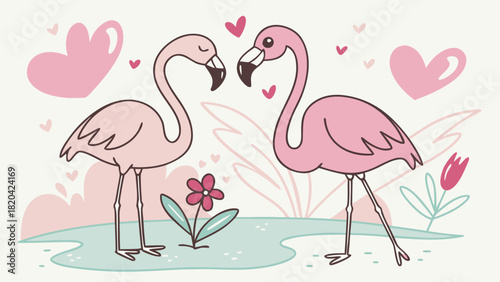 Romantic flamingo couple with hearts for Valentine's Day design elements that evoke love and tenderness in a cute way