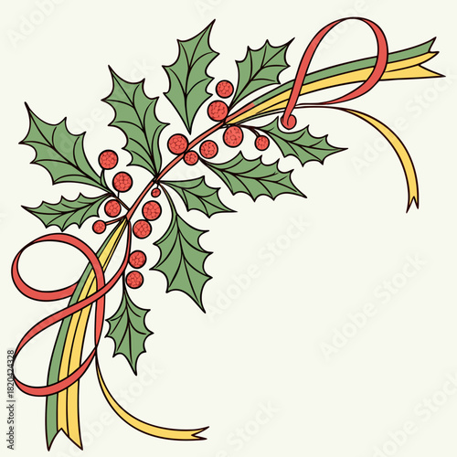 Festive holly and vibrant ribbons elegantly adorn this corner, perfect for holiday greetings and seasonal cheer