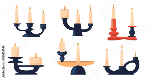 Various styles of lit candles in decorative candelabras and candle holders, showcasing unique designs for illumination and atmospheric light.