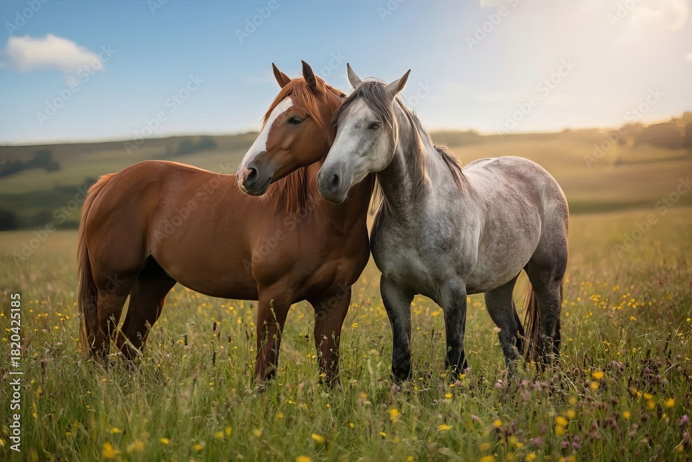 Fototapeta premium Two horses, friendship in the summer meadow