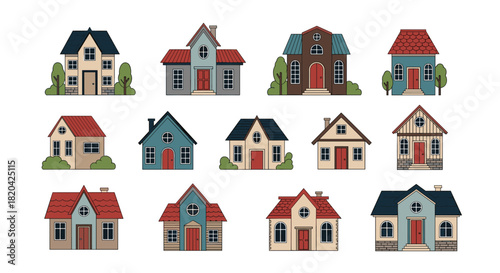 A charming collection of various stylized houses, featuring diverse architectural designs, colors, and details, ideal for illustrations or real estate themes.