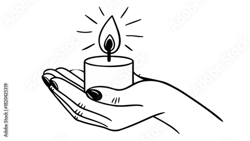 Hand holds a candle, radiating light and warmth, a symbol of hope, peace, and remembrance in simple design