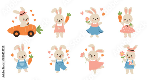 Collection of cute cartoon bunnies driving a carrot car, holding flowers or carrots, and surrounded by hearts, perfect for spring.