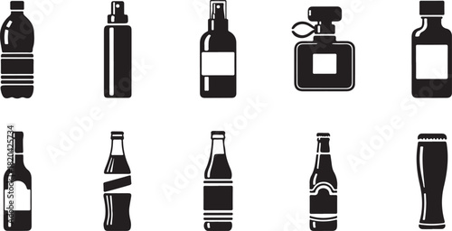Assortment of Black Bottle and Glass Silhouettes on White Background container liquid