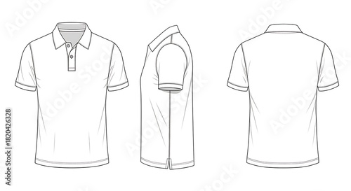 Technical drawing or sketch of a polo shirt from front, side, and back views