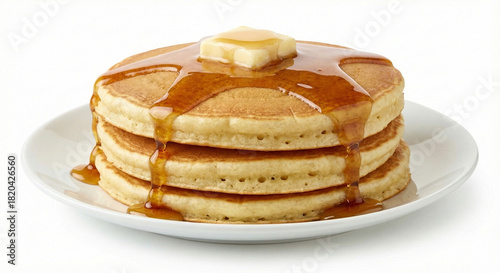 Stack of fluffy pancakes with butter and syrup isolated on white