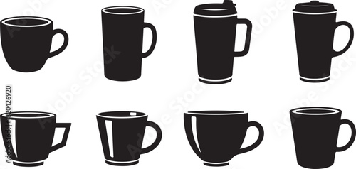 Assortment of Black Mug and Tumbler Silhouettes on White Background coffee cup tea cup