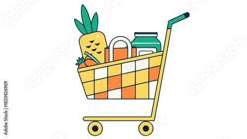 Colorful shopping cart overflowing with fresh produce and groceries ready for a healthy meal preparation