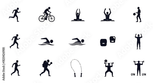A dynamic collection of clean, modern, and flat 2D vector icons showcasing a wide range of popular sports and fitness activities, perfect for active lifestyle and health-related design projects