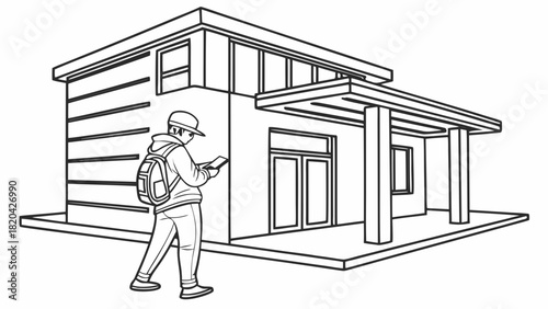 Young property investor inspects modern house with digital tablet for potential real estate investment opportunity