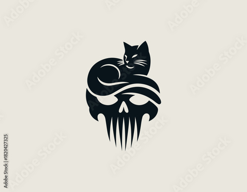 Contrasting black vector graphic showing a calm, sleek cat resting peacefully atop a dramatically styled, intimidating skull with sharp fang-like teeth.