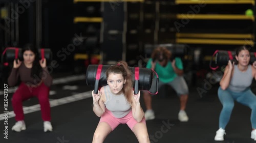 Young woman in sports top and shorts holding sandbag on back and squatting. Woman performs strength and functional exercises in a Crossfit workout