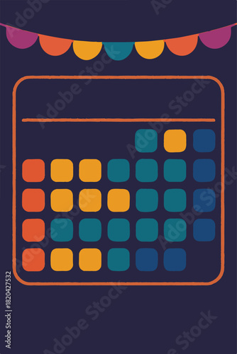 An illustration of a calendar, a simple and neat design. It showcases various color-coded squares representing the days of the month with flags above. It's a visually appealing graphic