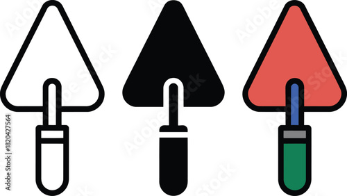 Three Trowel Icons Outline Solid Color tool construction , trowel, tool, construction, masonry, building,