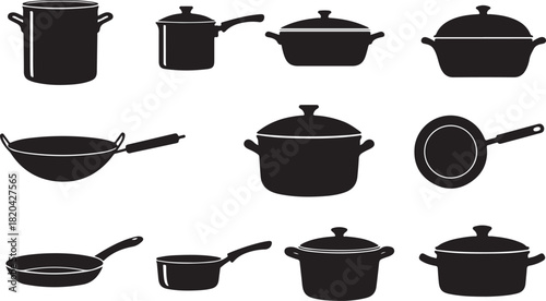 Assortment of Black Silhouette Icons for Pots, Pans, and Cookware saucepan casserole dish