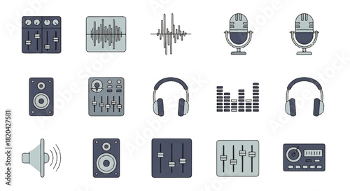 Set of flat vector audio icons for sound engineering and music production. Includes mixers, microphones, speakers, headphones, and sound waves, perfect for digital design