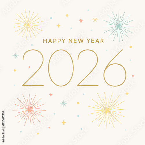 Happy New Year 2026 Celebration with Fireworks in Light Beige Background