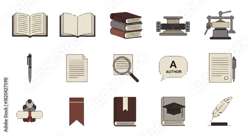 Clean flat vector icon collection illustrating knowledge, literature, education, and publishing industry elements, featuring books, writing tools, and printing equipment