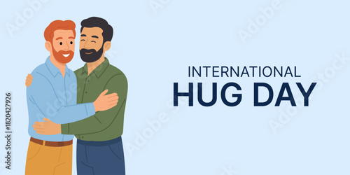 International Hug Day banner. Two smiling men sharing warm hug celebrating friendship and support, hug symbolizes kindness and emotional connection, hug illustration promotes International Hug Day 