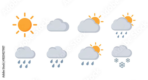 Weather Icons Sunny, Cloudy, Rainy, and Snowy Weather Forecast Vector Set for Design