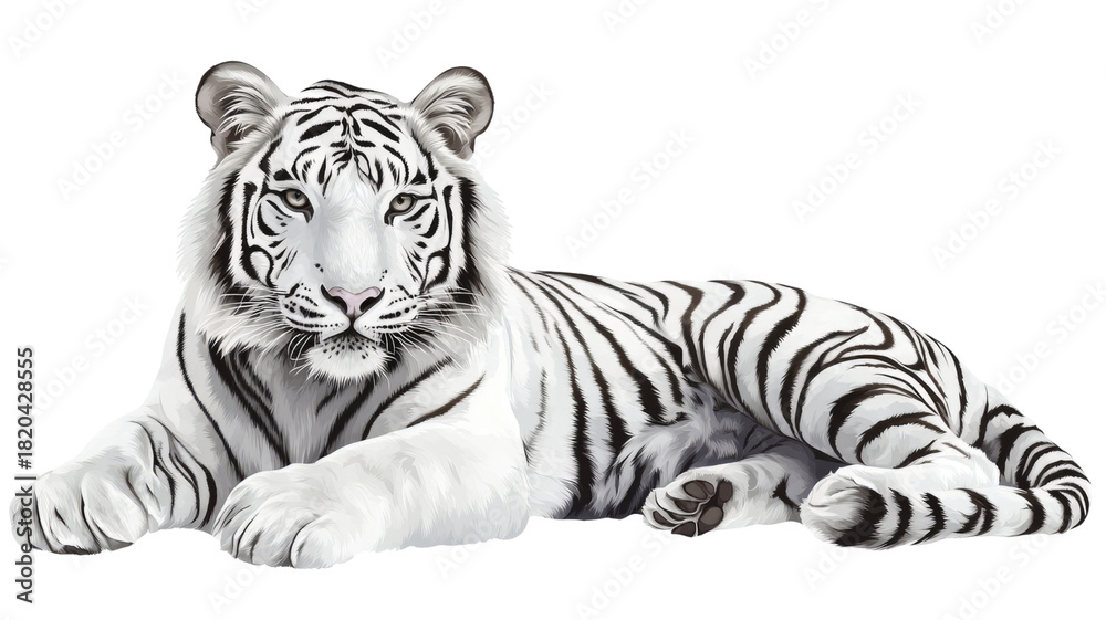 Obraz premium Majestic white tiger with striking fur patterns and intense gaze showcasing powerful features and natural beauty isolated on white background