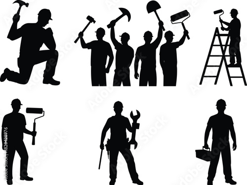 Construction workers and tradesmen silhouettes set, seven monochrome icons of builders, painters, and repairmen with tools, maintenance and labor graphic.