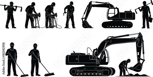Construction workers operating heavy machinery, performing ground excavation, sweeping, drilling and manual labor tasks on job site with industrial equipment silhouettes